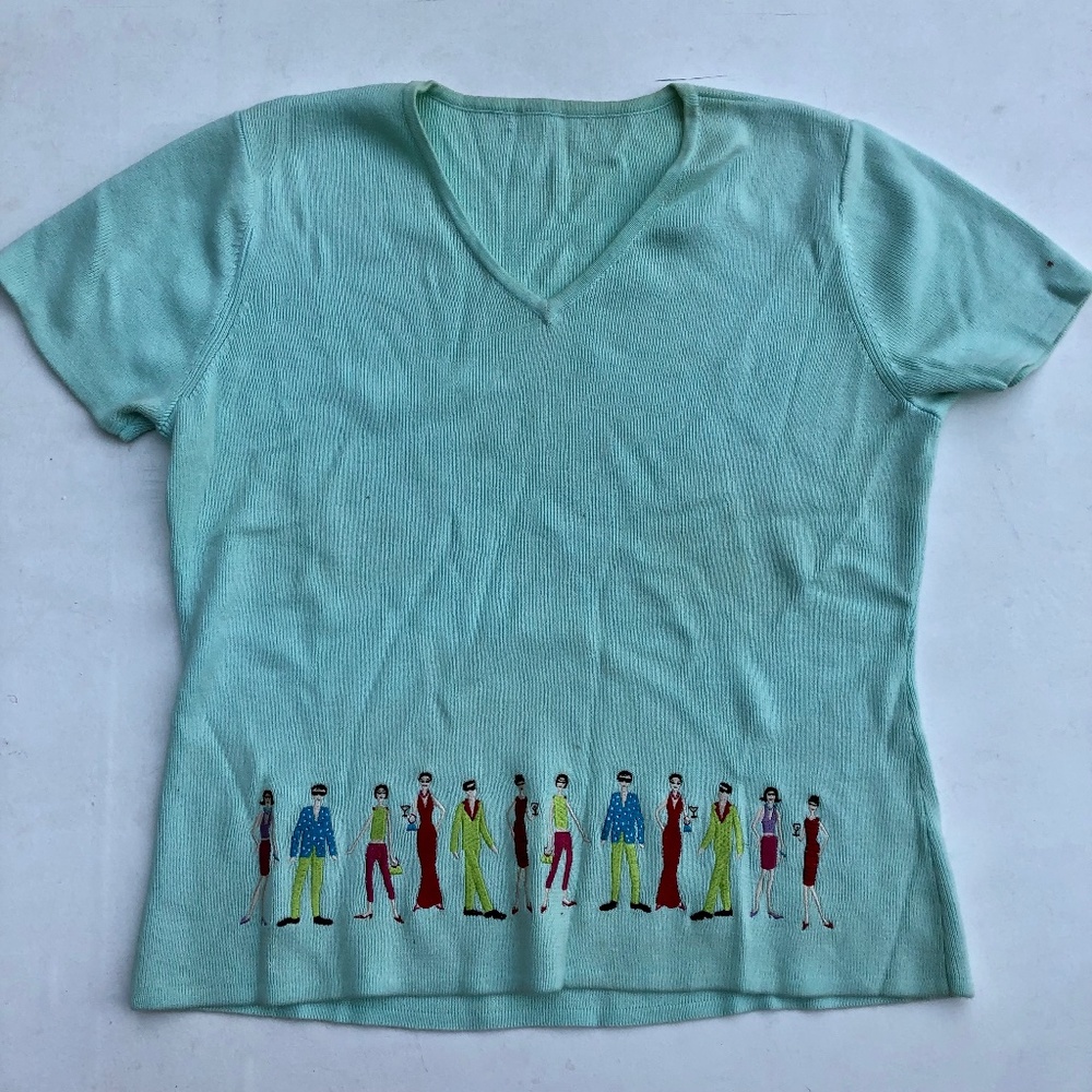 Alexandra Bartlett Embroidered People Blue Knit Top